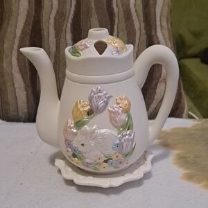 Stunning Pastel Floral Ceramic Teapot with Bunny Motif Tea Light Candle Holder